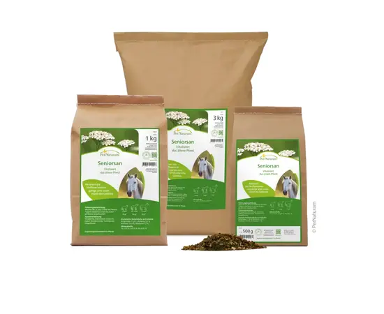PerNaturam Seniorsan 1kg: Kräutermischung zur Unterstützung von Verdauung, Stoffwechsel und Gelenken beim älteren Pferd. Bei imFUTTERSACK in der Schweiz.