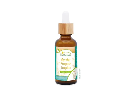 PerNaturam Myrrhe-Propolis-Tropfen zur Pflege der Schleimhäute, mit Harzen von Myrrhe und Propolis. Keimhemmenden und Pilzabwehrenden.  Jetzt bei imFUTTERSACK in der Schweiz bestellen.