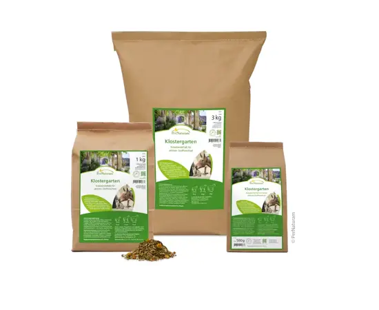 PerNaturam Klostergarten 500g: artenreiche Kräutermischung zur Unterstützung von Vitalität und Stoffwechsel beim Pferd. Jetzt bei imFUTTERSACK in der Schweiz.